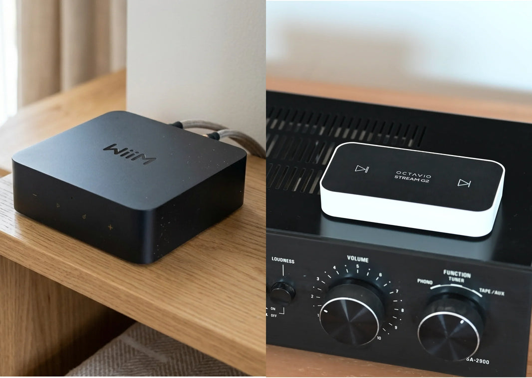 Comparatif Octavio Stream G2 vs WiiM Pro Plus. Les deux produits sont posés sur un meuble bois clair