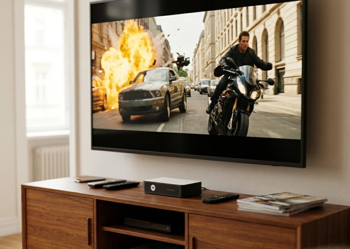 Téléviseur diffusant un film d'action dans un salon