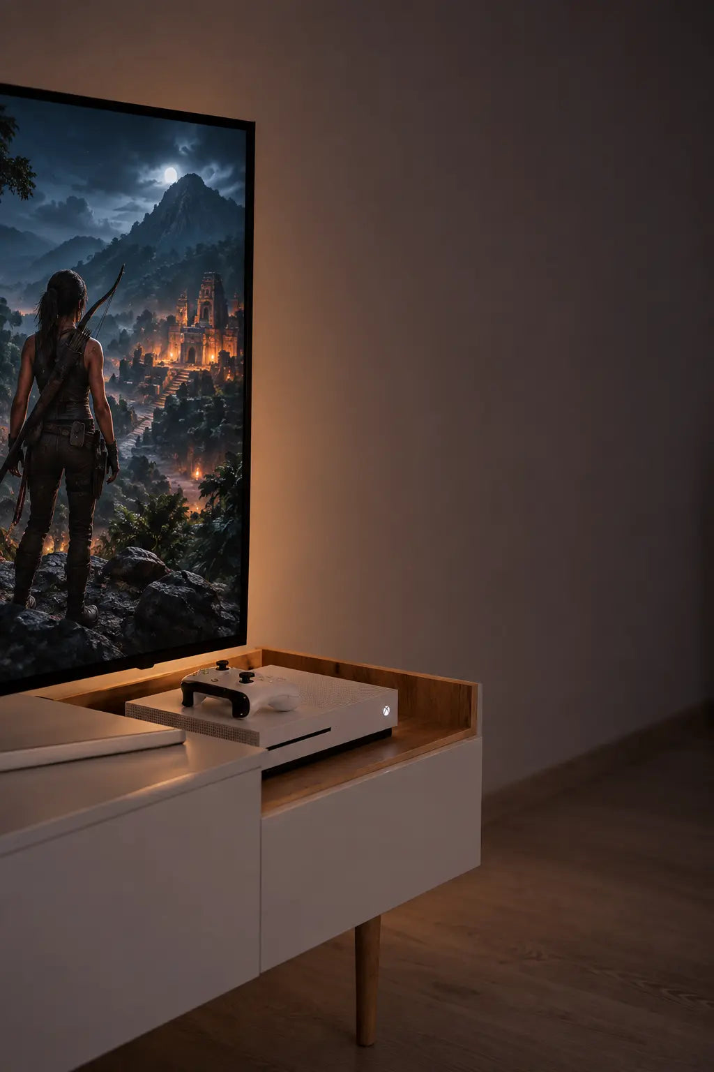 Téléviseur diffusant un jeu vidéo dans un salon