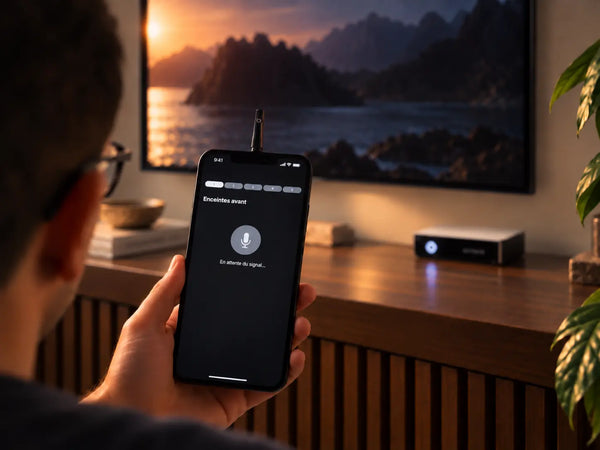 Main tenant un téléphone qui affiche l'application Harmony, devant un téléviseur