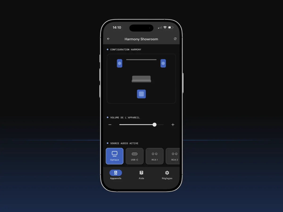 Application Harmony affichant le plan du salon sur un téléphone