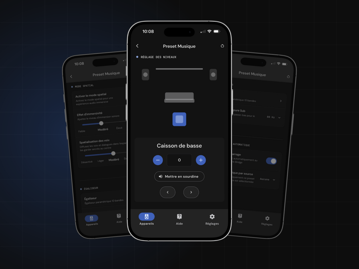 Trois écrans de l'application Harmony montrant le choix des presets